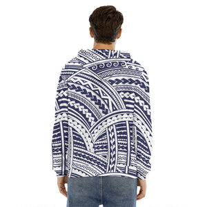 Blue Maori Polynesian Tattoo Print Men's Velvet Pullover Hoodie