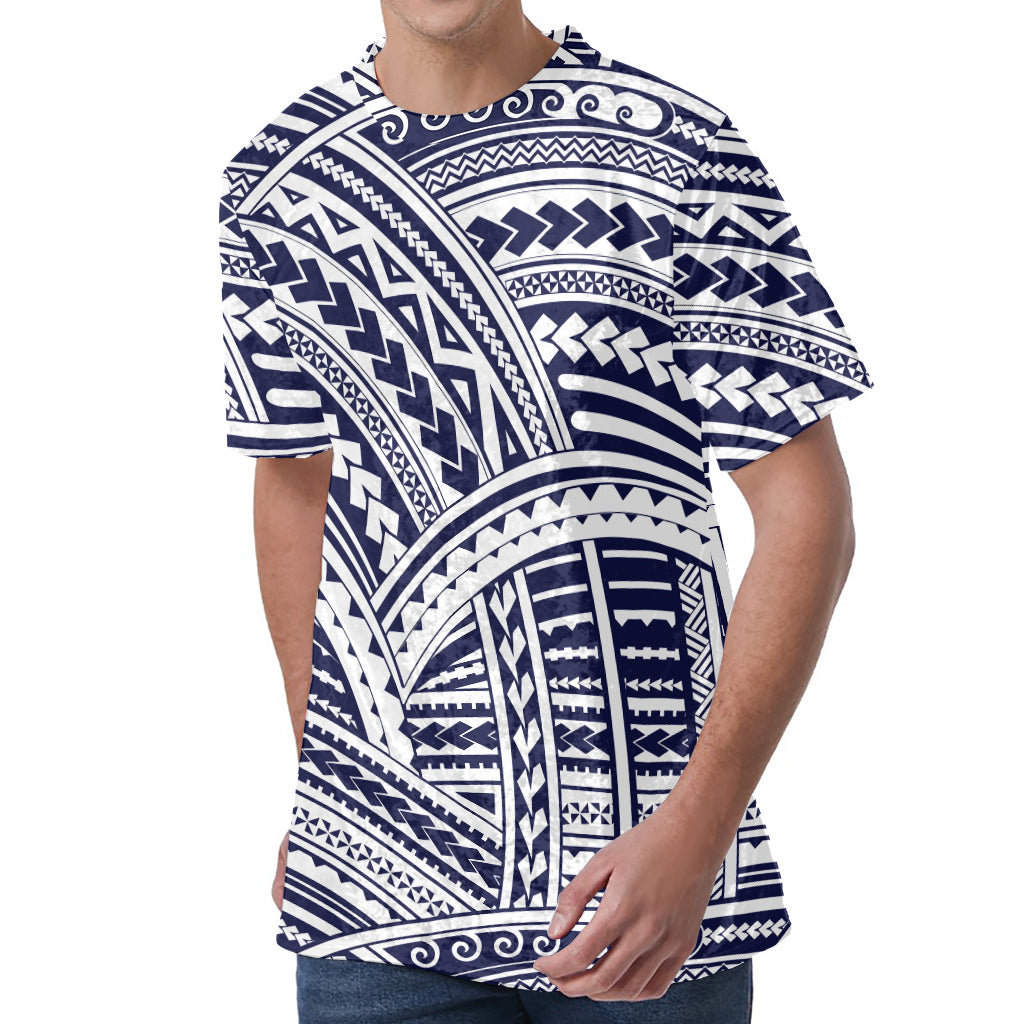 Blue Maori Polynesian Tattoo Print Men's Velvet T-Shirt