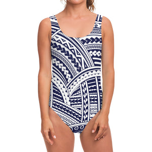 Blue Maori Polynesian Tattoo Print One Piece Swimsuit