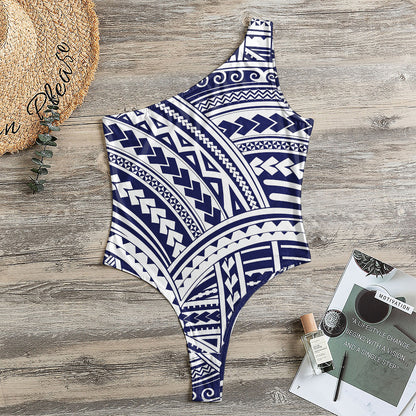 Blue Maori Polynesian Tattoo Print One Shoulder Bodysuit