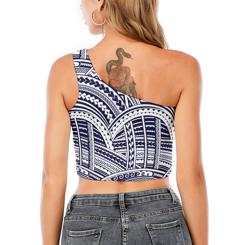 Blue Maori Polynesian Tattoo Print One Shoulder Crop Top