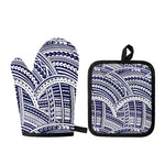 Blue Maori Polynesian Tattoo Print Oven Mitt And Pot Holder Set