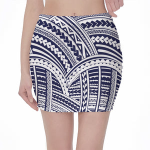 Blue Maori Polynesian Tattoo Print Pencil Mini Skirt