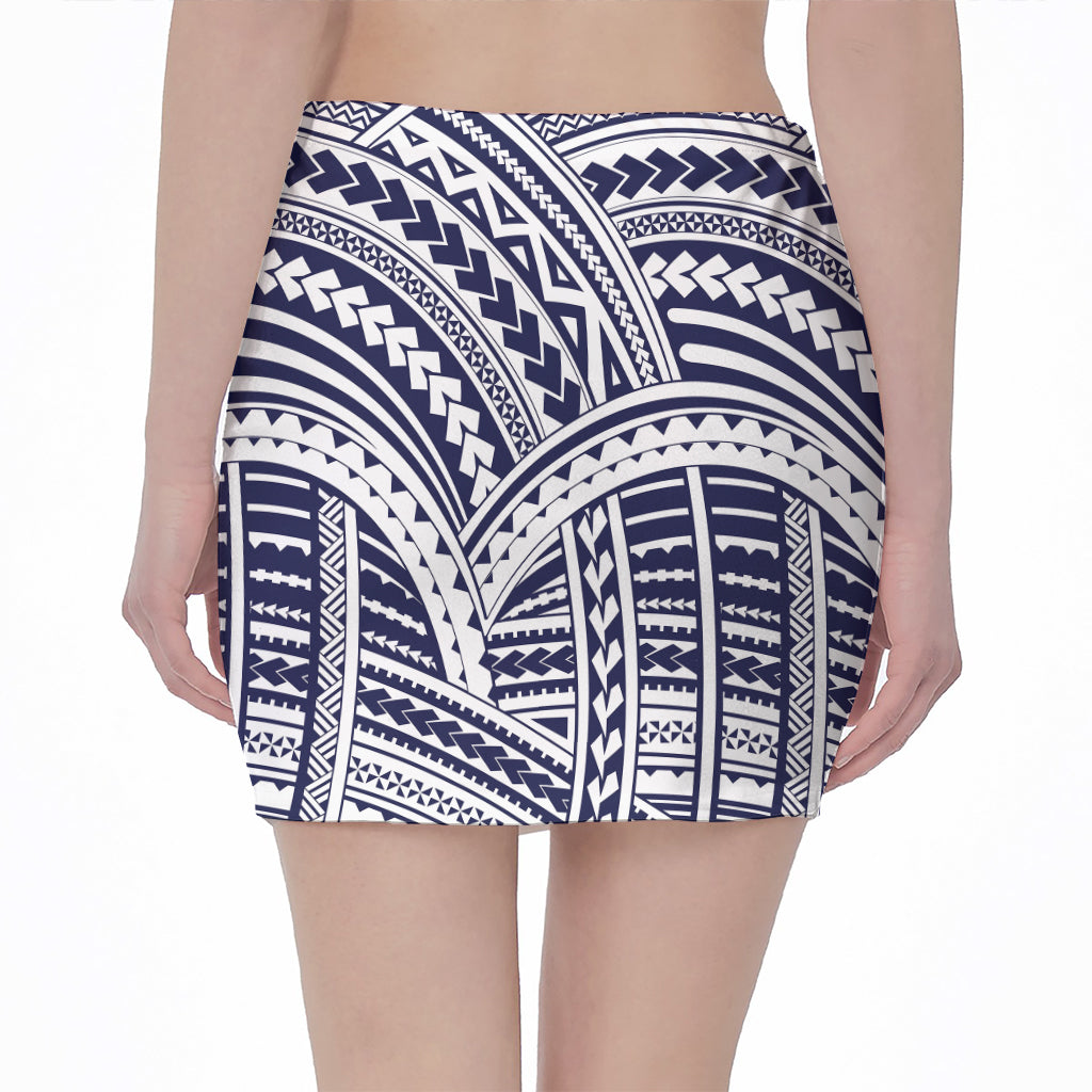 Blue Maori Polynesian Tattoo Print Pencil Mini Skirt