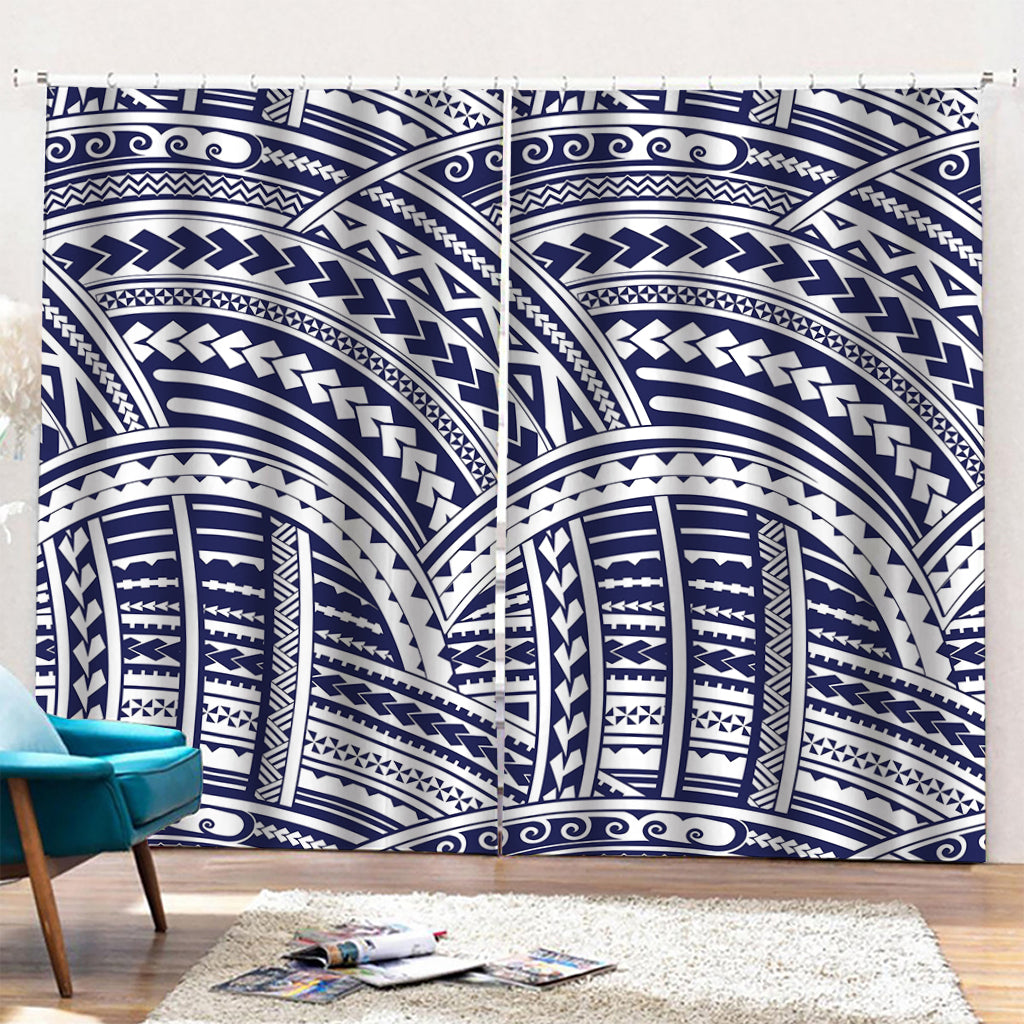 Blue Maori Polynesian Tattoo Print Pencil Pleat Curtains