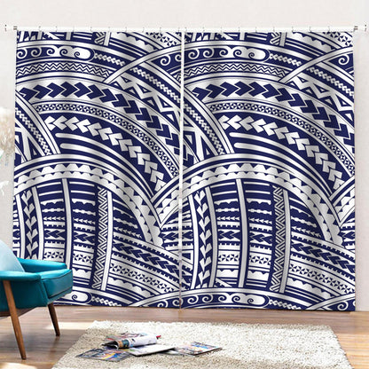 Blue Maori Polynesian Tattoo Print Pencil Pleat Curtains