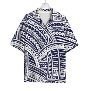 Blue Maori Polynesian Tattoo Print Rayon Hawaiian Shirt