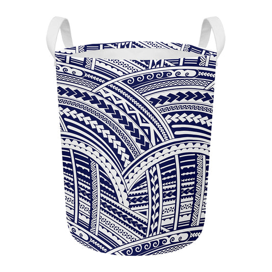 Blue Maori Polynesian Tattoo Print Round Laundry Basket