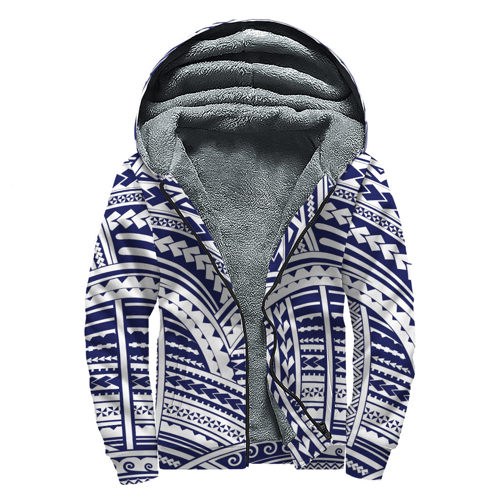 Blue Maori Polynesian Tattoo Print Sherpa Lined Zip Up Hoodie