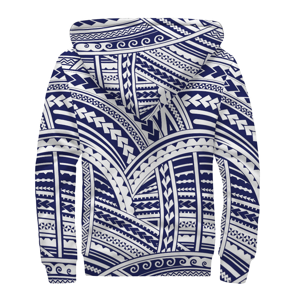 Blue Maori Polynesian Tattoo Print Sherpa Lined Zip Up Hoodie