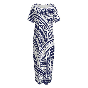 Blue Maori Polynesian Tattoo Print Short Sleeve Long Nightdress