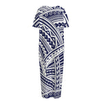 Blue Maori Polynesian Tattoo Print Short Sleeve Long Nightdress