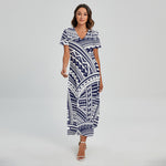 Blue Maori Polynesian Tattoo Print Short Sleeve Maxi Dress