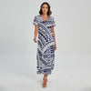 Blue Maori Polynesian Tattoo Print Short Sleeve Maxi Dress