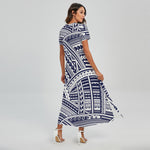 Blue Maori Polynesian Tattoo Print Short Sleeve Maxi Dress