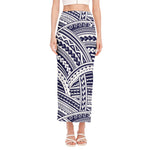 Blue Maori Polynesian Tattoo Print Side Slit Maxi Skirt