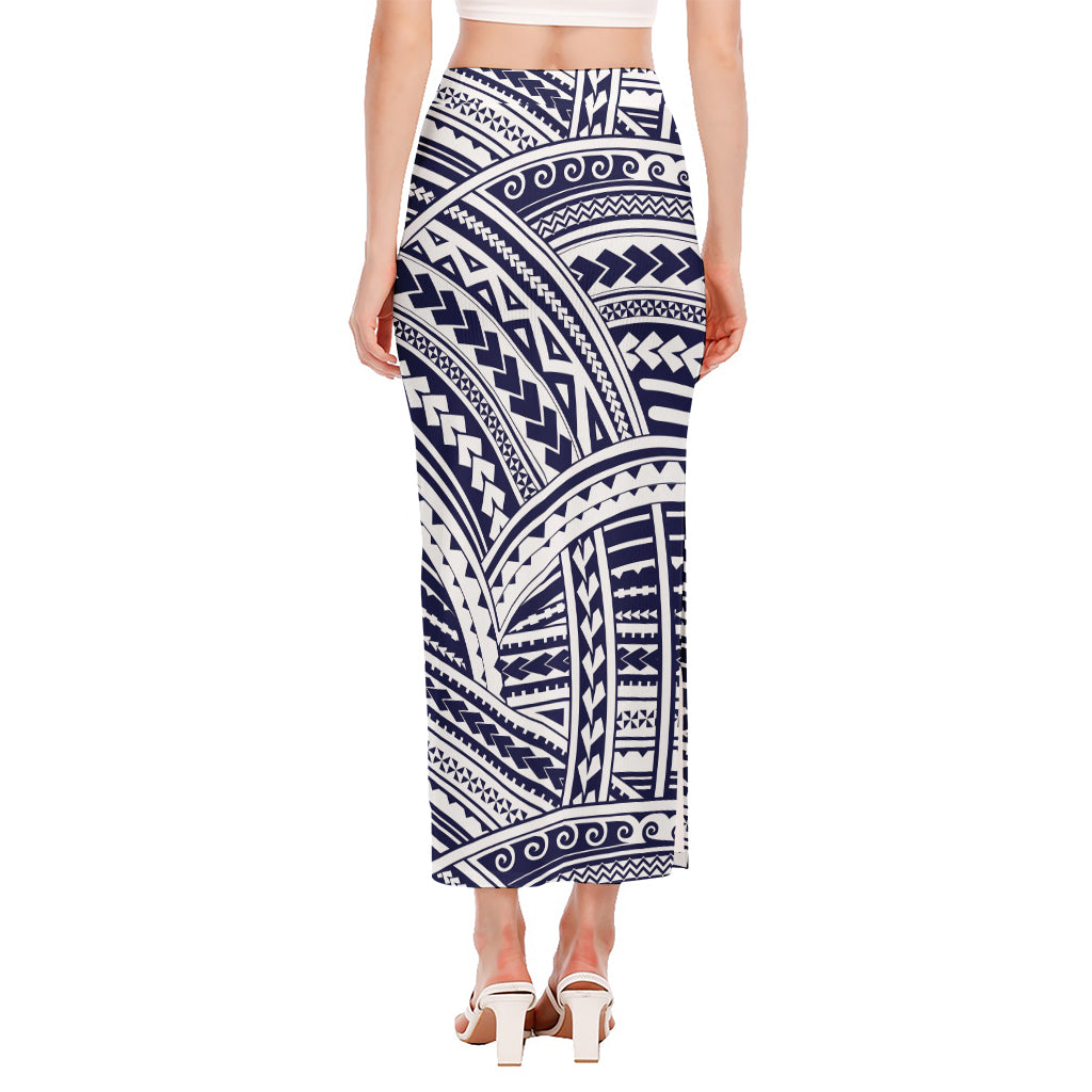 Blue Maori Polynesian Tattoo Print Side Slit Maxi Skirt