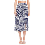 Blue Maori Polynesian Tattoo Print Side Slit Midi Skirt