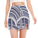 Blue Maori Polynesian Tattoo Print Side Slit Mini Skirt