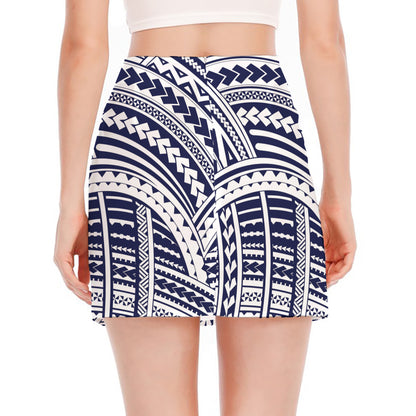 Blue Maori Polynesian Tattoo Print Side Slit Mini Skirt