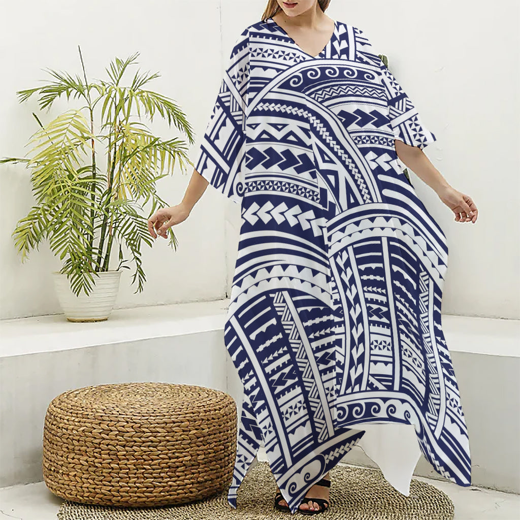 Blue Maori Polynesian Tattoo Print Silk V-Neck Kaftan Dress