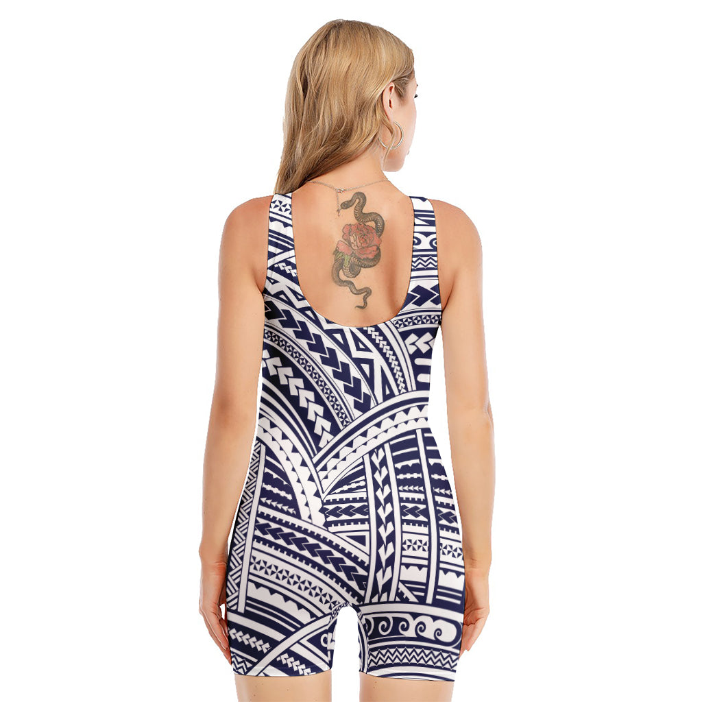 Blue Maori Polynesian Tattoo Print Sleeveless One Piece Swimsuit