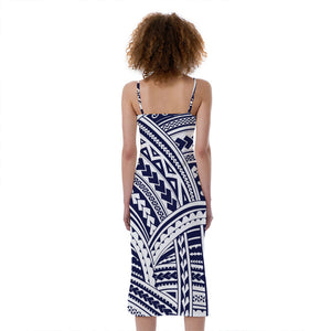 Blue Maori Polynesian Tattoo Print Slim Fit Midi Cami Dress