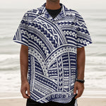 Blue Maori Polynesian Tattoo Print Textured Short Sleeve Shirt