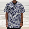 Blue Maori Polynesian Tattoo Print Textured Short Sleeve Shirt