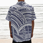 Blue Maori Polynesian Tattoo Print Textured Short Sleeve Shirt