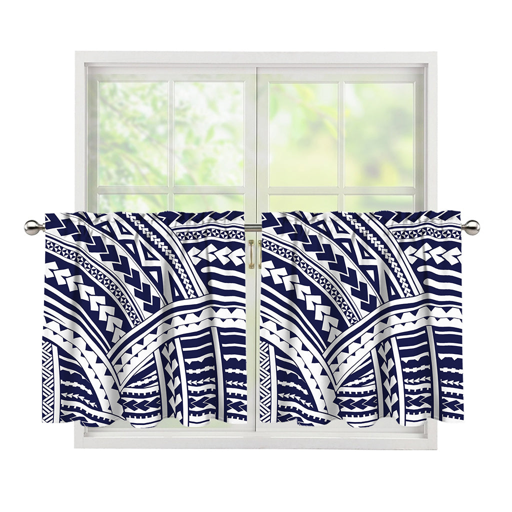 Blue Maori Polynesian Tattoo Print Tier Curtains