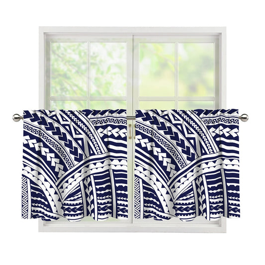 Blue Maori Polynesian Tattoo Print Tier Curtains