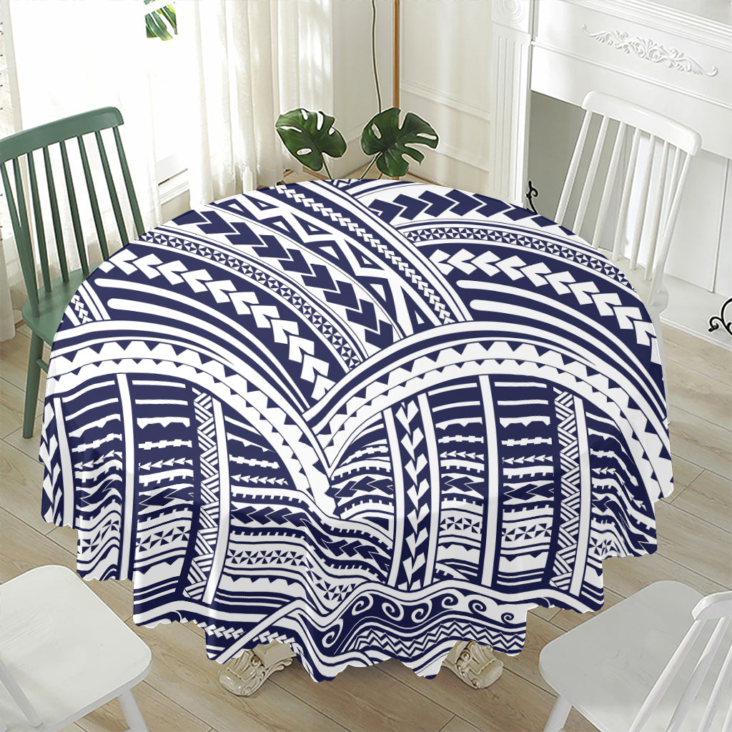 Blue Maori Polynesian Tattoo Print Waterproof Round Tablecloth