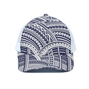 Blue Maori Polynesian Tattoo Print White Mesh Trucker Cap