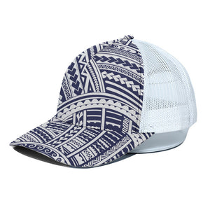 Blue Maori Polynesian Tattoo Print White Mesh Trucker Cap