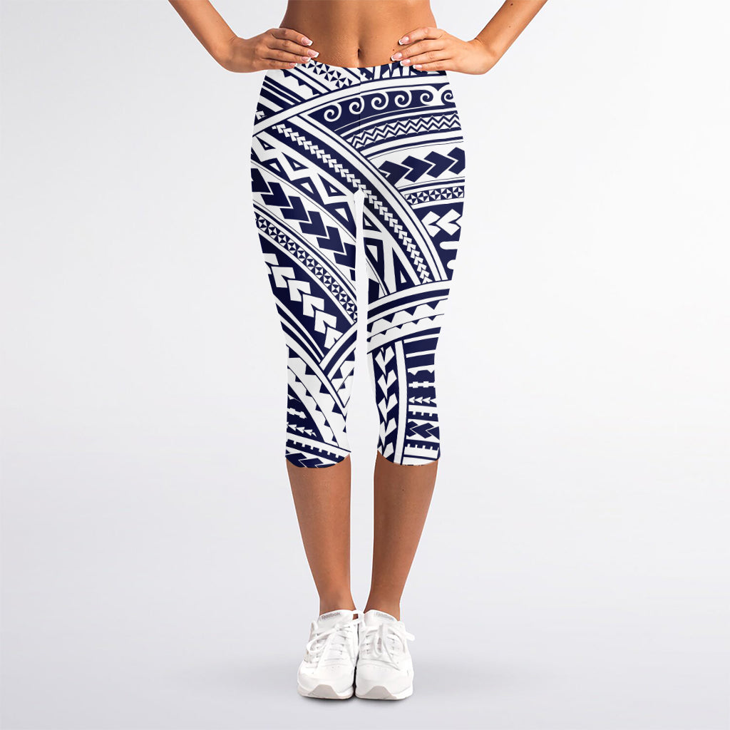 Blue Maori Polynesian Tattoo Print Women's Capri Leggings