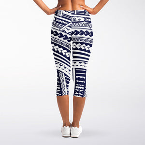 Blue Maori Polynesian Tattoo Print Women's Capri Leggings