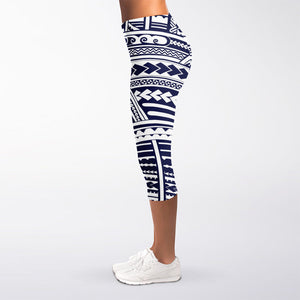 Blue Maori Polynesian Tattoo Print Women's Capri Leggings