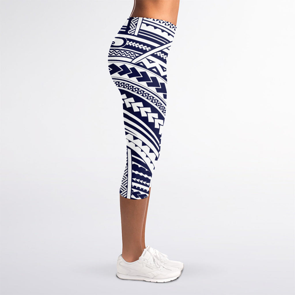 Blue Maori Polynesian Tattoo Print Women's Capri Leggings