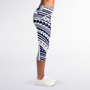 Blue Maori Polynesian Tattoo Print Women's Capri Leggings