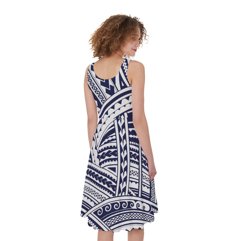 Blue Maori Polynesian Tattoo Print Women's Sleeveless Dress