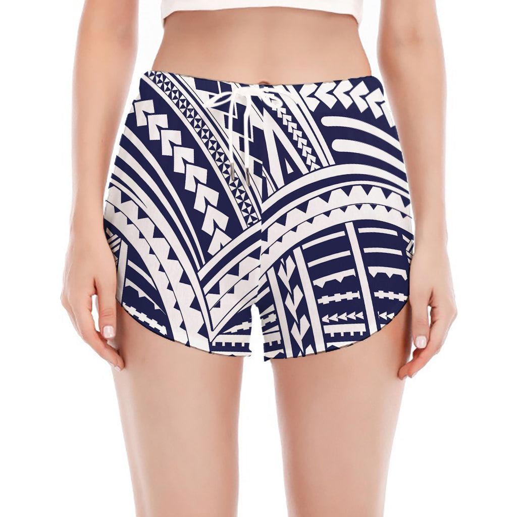 Blue Maori Polynesian Tattoo Print Women's Split Running Shorts