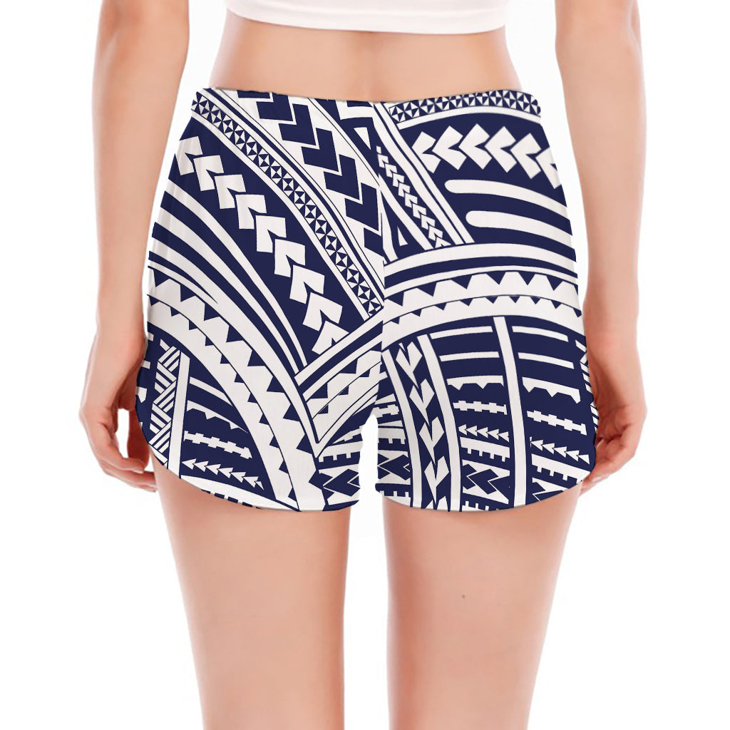 Blue Maori Polynesian Tattoo Print Women's Split Running Shorts