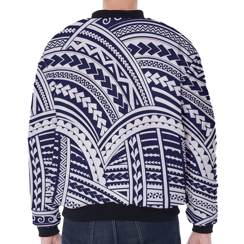 Blue Maori Polynesian Tattoo Print Zip Sleeve Bomber Jacket