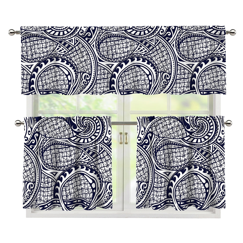 Blue Maori Polynesian Tribal Print 3 Piece Kitchen Curtains
