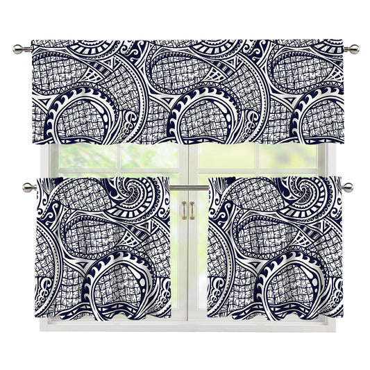 Blue Maori Polynesian Tribal Print 3 Piece Kitchen Curtains