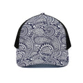 Blue Maori Polynesian Tribal Print Black Mesh Trucker Hat