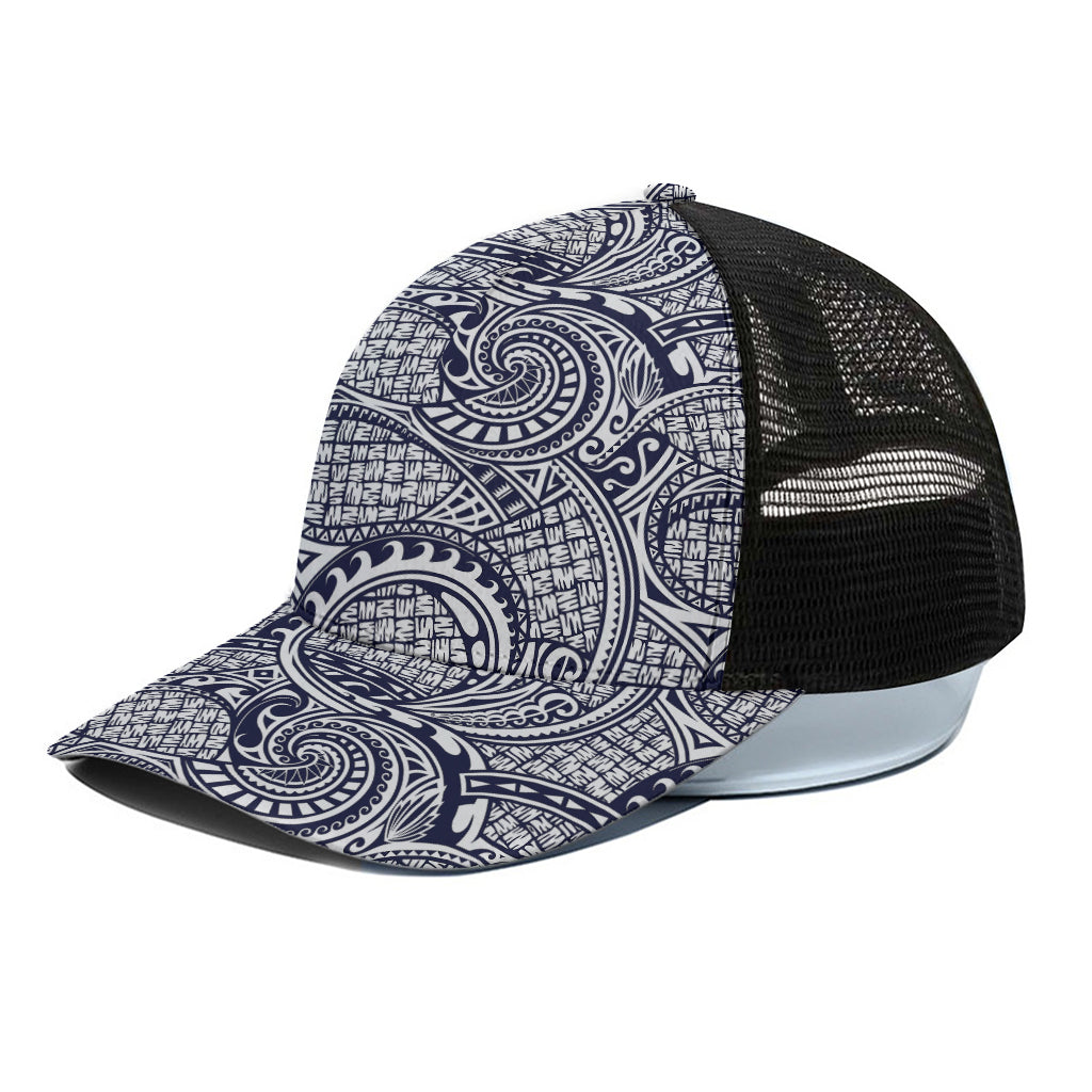 Blue Maori Polynesian Tribal Print Black Mesh Trucker Cap