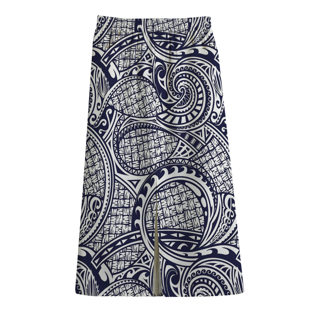 Blue Maori Polynesian Tribal Print Cotton Front Slit Maxi Skirt