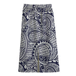 Blue Maori Polynesian Tribal Print Cotton Front Slit Maxi Skirt